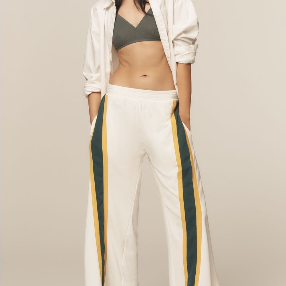 Anthropologie Ivory Wide-Leg Track Pants with Green and Yellow Side Stripes